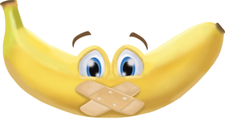 Banane mit Wundpflaster auf dem Mund und traurigen Augen