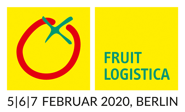 Das Logo der Fruit Logistica Berlin 2020 ist im Hintergrund Gelb, mit Grüner Schrift. Es enthält das Datum 05.-07.2020