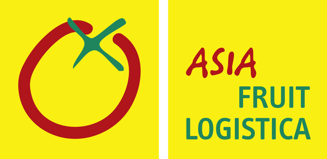 Das Logo  der Asia Fruit Logistica ist im Hintergrund Gelb, mit Rot-Grünem Text